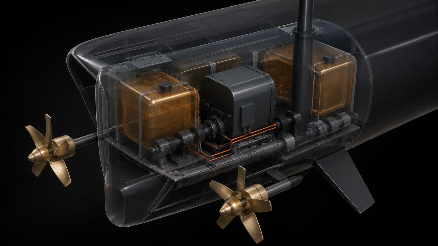 Stern machinery — twin traction motors, shafting and five-blade propellers