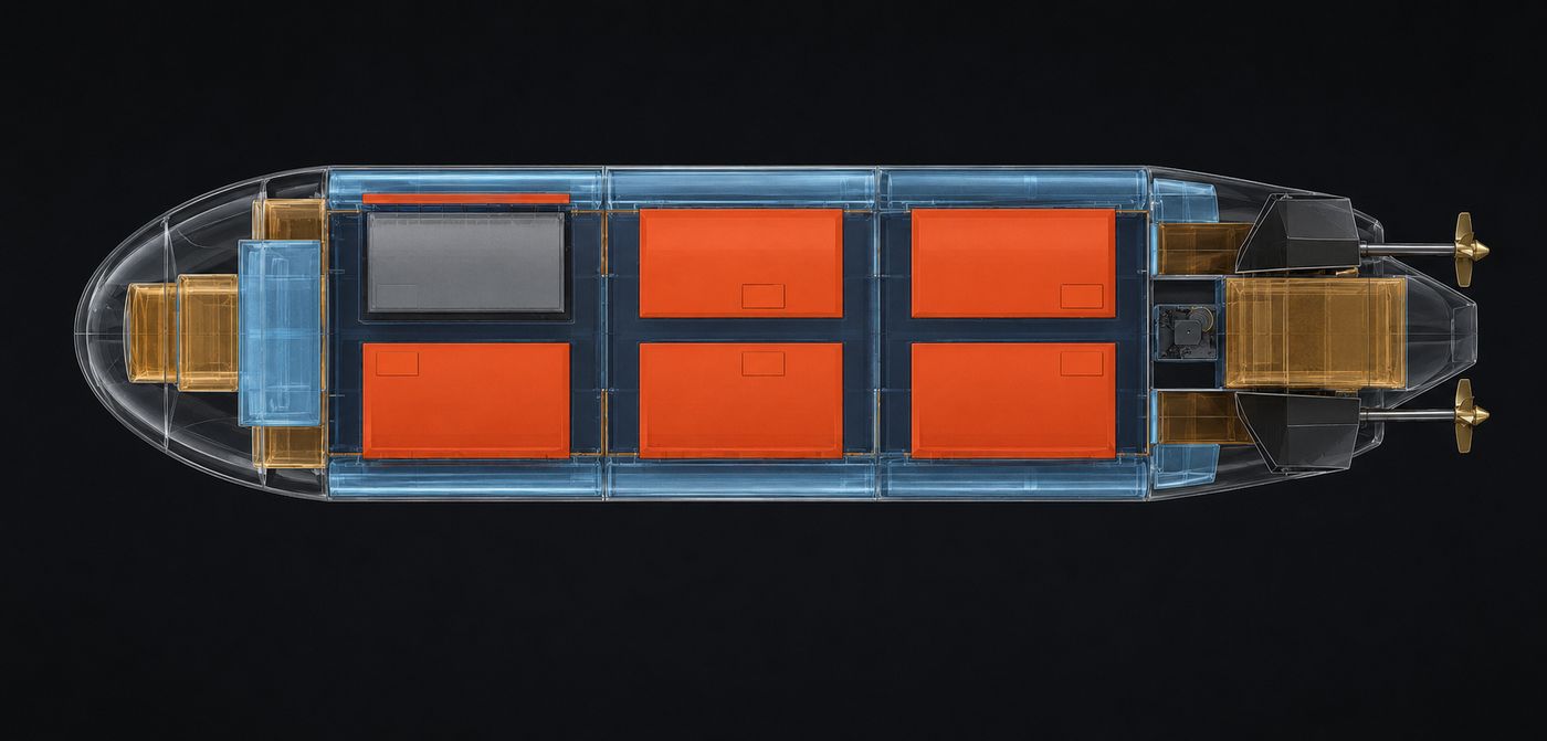 Plan cutaway — modules in the bays, wing tanks outboard, energy group aft