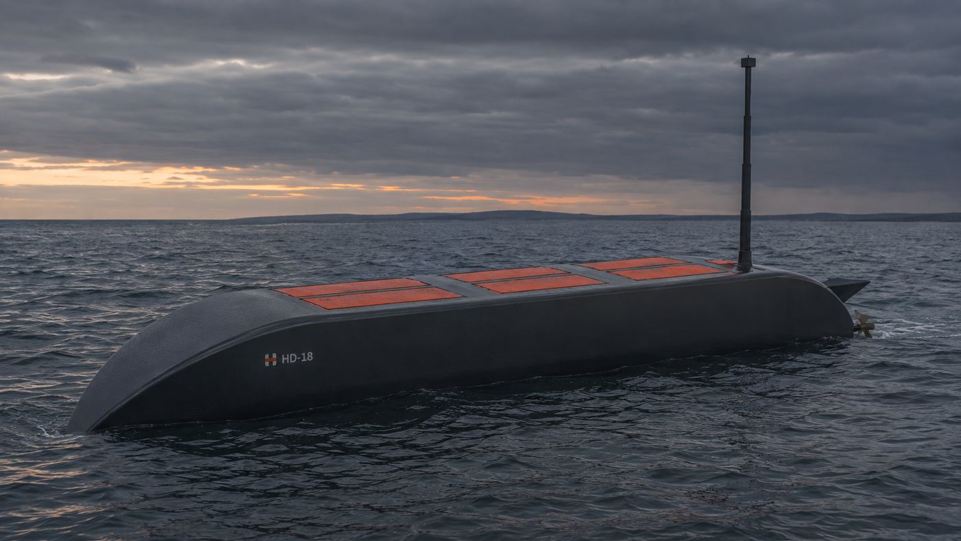 Surfaced on passage at dusk, mast raised for the snorkelling leg