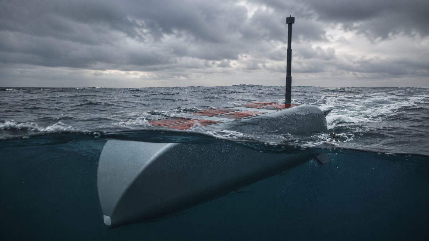 Surfaced in a seaway with the mast raised — the flat deck runs almost awash